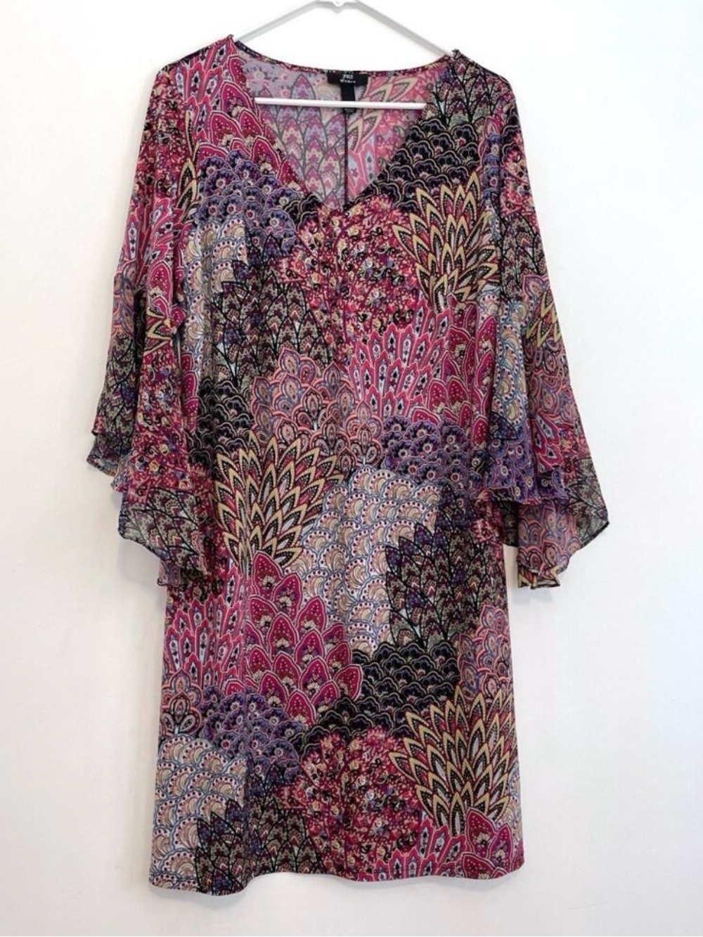 JBS J.B.S. Plus Size Multi Paisley Peacock Feather 3/4 Sleeve Bell Sleeve Dress